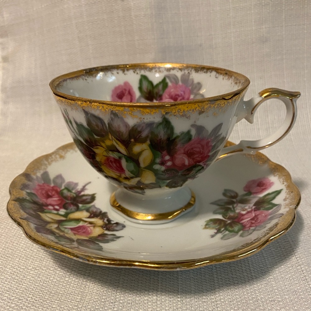 Vintage Trimont Japan Teacup and Saucer Pink Roses with Gold Details Porcelain
